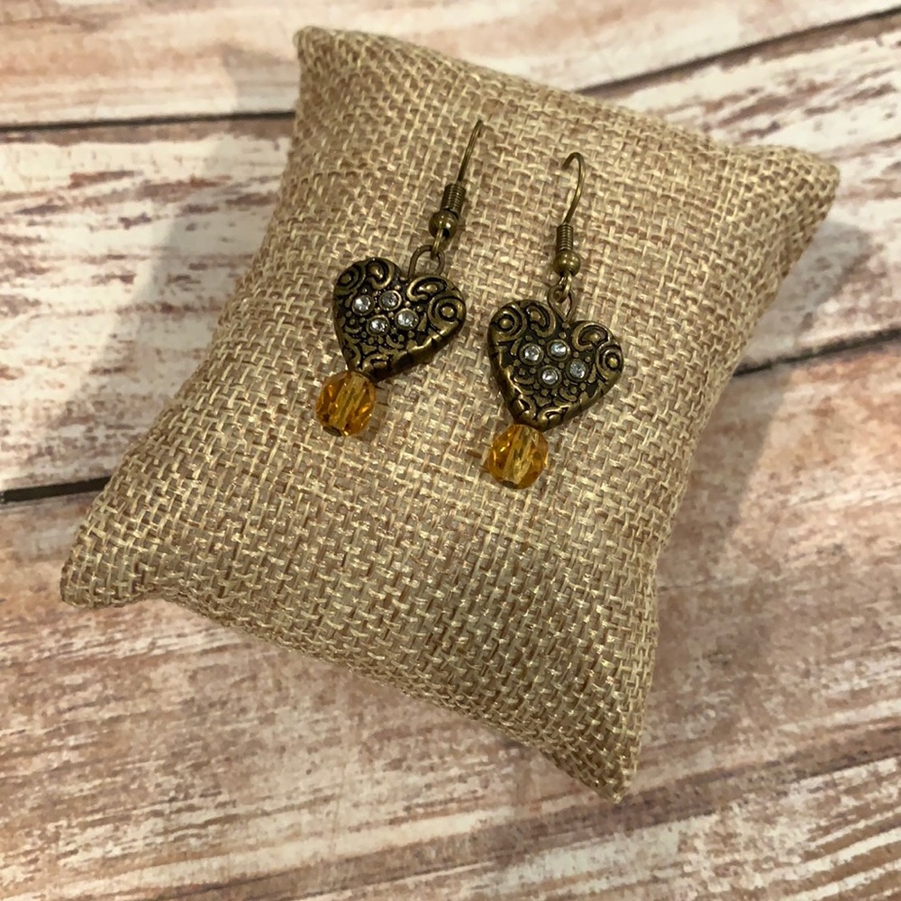 Handmade Etched Heart Amber Swarovski Earrings